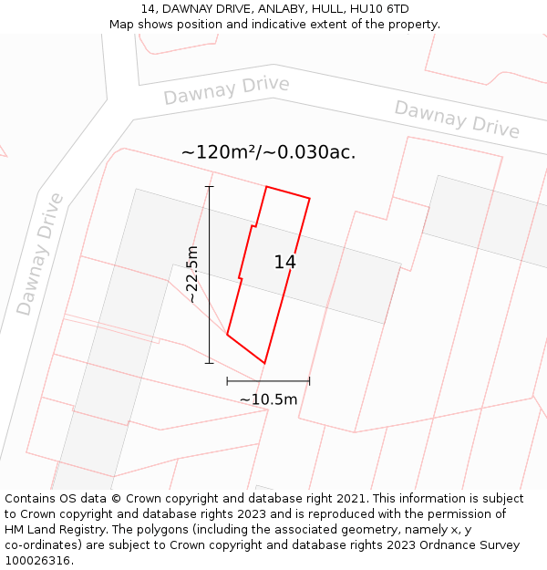 14, DAWNAY DRIVE, ANLABY, HULL, HU10 6TD: Plot and title map