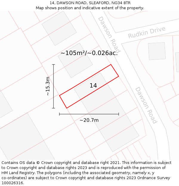 14, DAWSON ROAD, SLEAFORD, NG34 8TR: Plot and title map