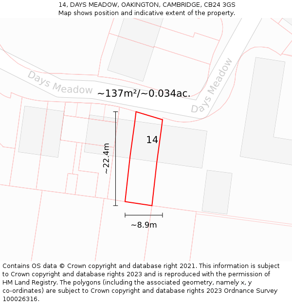 14, DAYS MEADOW, OAKINGTON, CAMBRIDGE, CB24 3GS: Plot and title map