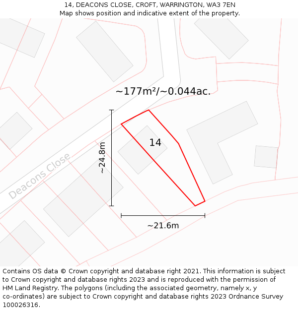 14, DEACONS CLOSE, CROFT, WARRINGTON, WA3 7EN: Plot and title map