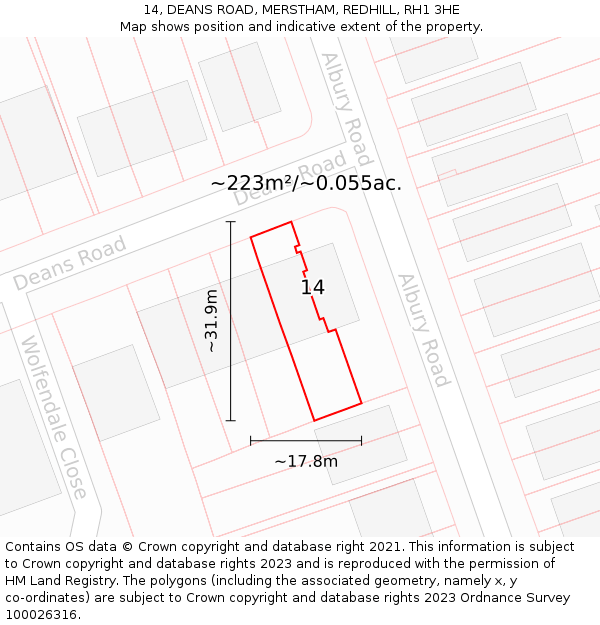 14, DEANS ROAD, MERSTHAM, REDHILL, RH1 3HE: Plot and title map