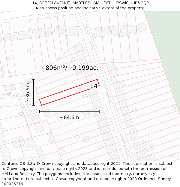 14, DEBEN AVENUE, MARTLESHAM HEATH, IPSWICH, IP5 3QP: Plot and title map