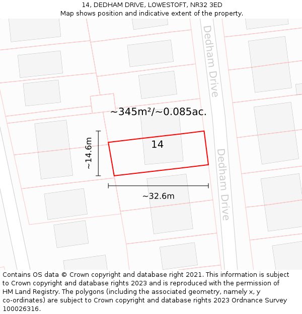 14, DEDHAM DRIVE, LOWESTOFT, NR32 3ED: Plot and title map
