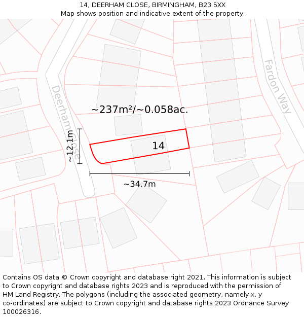 14, DEERHAM CLOSE, BIRMINGHAM, B23 5XX: Plot and title map