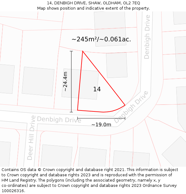 14, DENBIGH DRIVE, SHAW, OLDHAM, OL2 7EQ: Plot and title map
