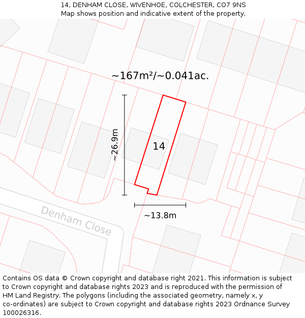 14, DENHAM CLOSE, WIVENHOE, COLCHESTER, CO7 9NS: Plot and title map
