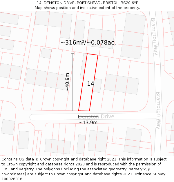 14, DENSTON DRIVE, PORTISHEAD, BRISTOL, BS20 6YP: Plot and title map