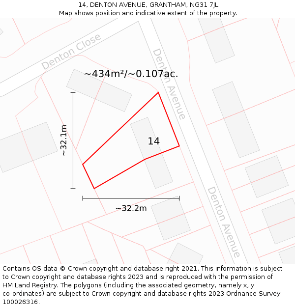 14, DENTON AVENUE, GRANTHAM, NG31 7JL: Plot and title map