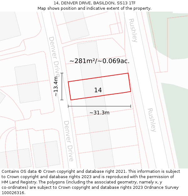 14, DENVER DRIVE, BASILDON, SS13 1TF: Plot and title map