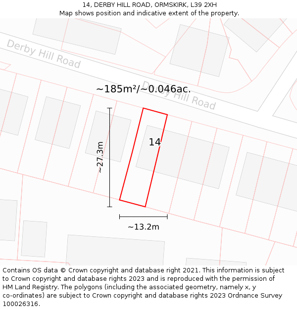 14, DERBY HILL ROAD, ORMSKIRK, L39 2XH: Plot and title map