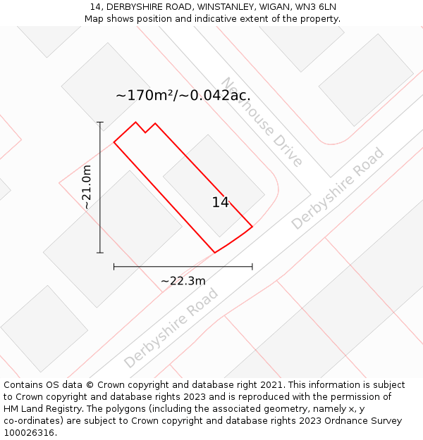 14, DERBYSHIRE ROAD, WINSTANLEY, WIGAN, WN3 6LN: Plot and title map