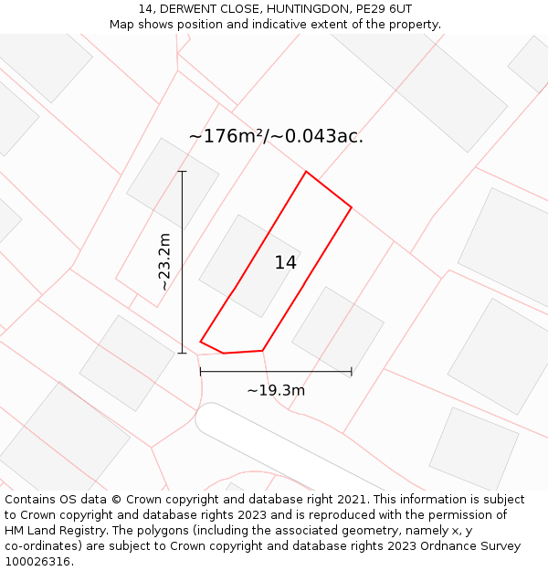 14, DERWENT CLOSE, HUNTINGDON, PE29 6UT: Plot and title map