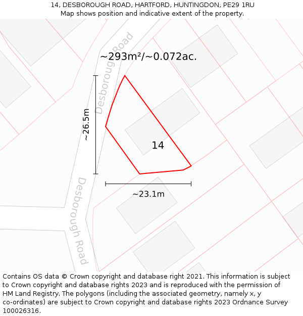 14, DESBOROUGH ROAD, HARTFORD, HUNTINGDON, PE29 1RU: Plot and title map