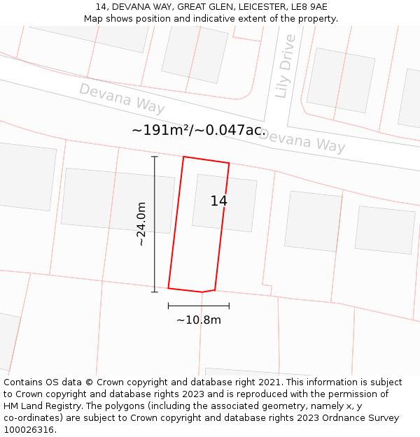 14, DEVANA WAY, GREAT GLEN, LEICESTER, LE8 9AE: Plot and title map