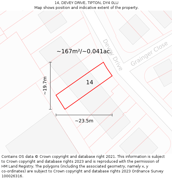 14, DEVEY DRIVE, TIPTON, DY4 0LU: Plot and title map