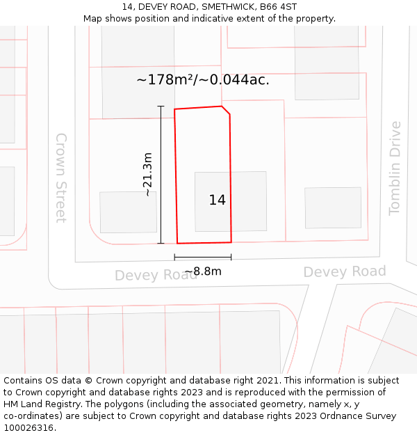14, DEVEY ROAD, SMETHWICK, B66 4ST: Plot and title map