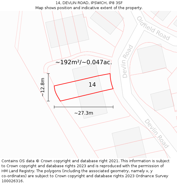 14, DEVLIN ROAD, IPSWICH, IP8 3SF: Plot and title map