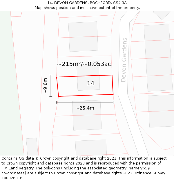 14, DEVON GARDENS, ROCHFORD, SS4 3AJ: Plot and title map