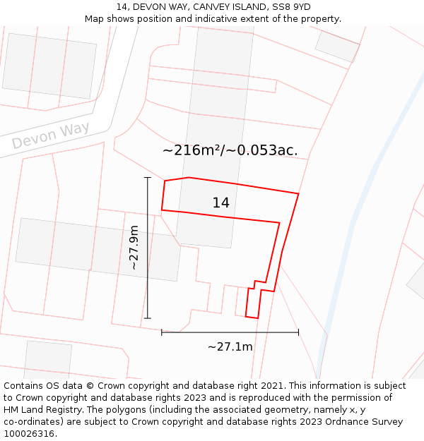 14, DEVON WAY, CANVEY ISLAND, SS8 9YD: Plot and title map