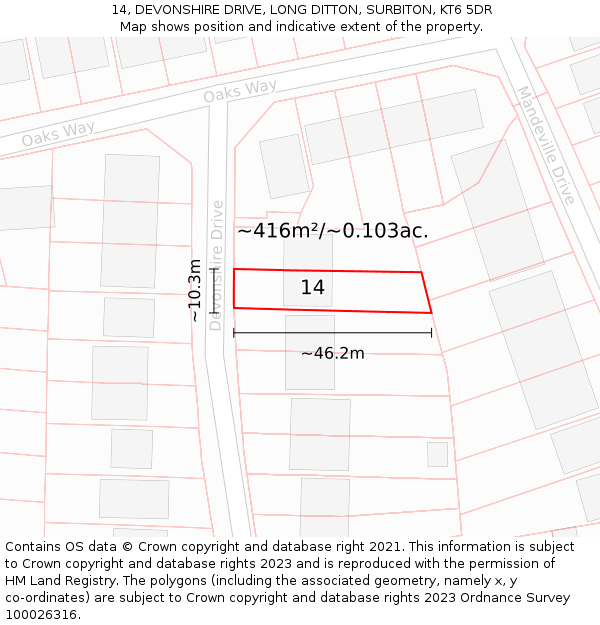 14, DEVONSHIRE DRIVE, LONG DITTON, SURBITON, KT6 5DR: Plot and title map