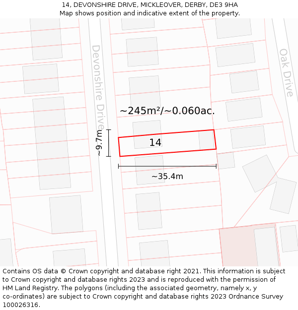 14, DEVONSHIRE DRIVE, MICKLEOVER, DERBY, DE3 9HA: Plot and title map