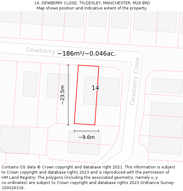 14, DEWBERRY CLOSE, TYLDESLEY, MANCHESTER, M29 8RD: Plot and title map