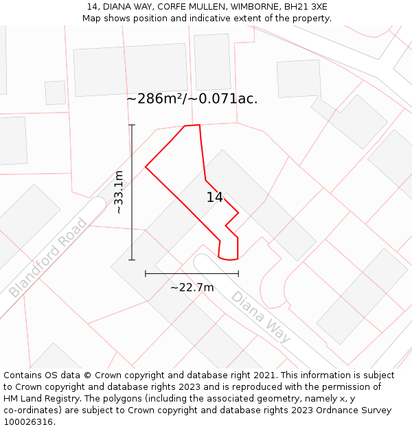 14, DIANA WAY, CORFE MULLEN, WIMBORNE, BH21 3XE: Plot and title map