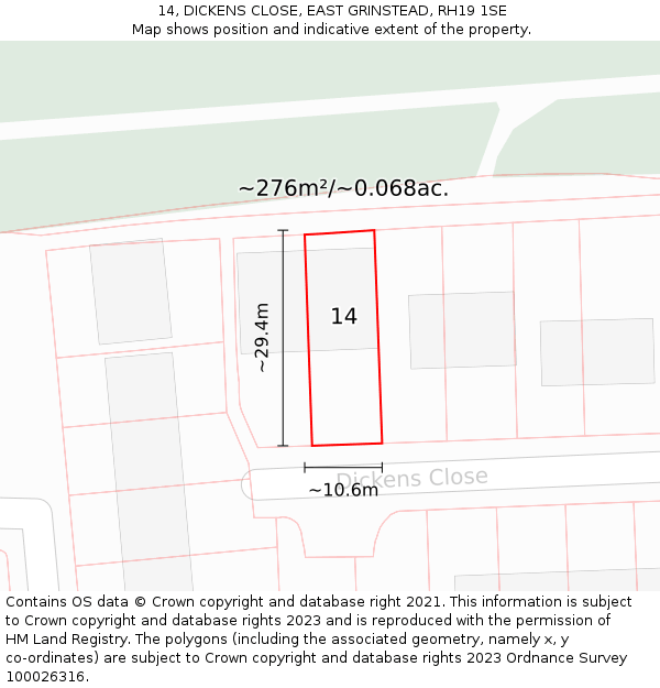 14, DICKENS CLOSE, EAST GRINSTEAD, RH19 1SE: Plot and title map