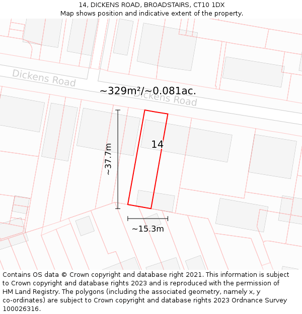 14, DICKENS ROAD, BROADSTAIRS, CT10 1DX: Plot and title map