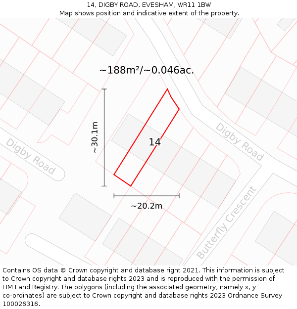 14, DIGBY ROAD, EVESHAM, WR11 1BW: Plot and title map