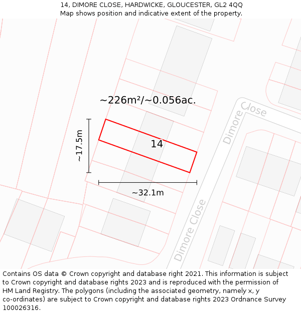 14, DIMORE CLOSE, HARDWICKE, GLOUCESTER, GL2 4QQ: Plot and title map