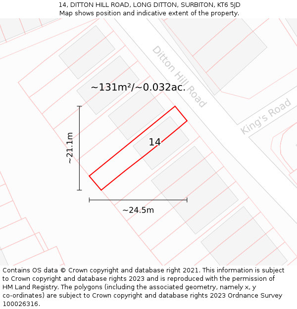 14, DITTON HILL ROAD, LONG DITTON, SURBITON, KT6 5JD: Plot and title map