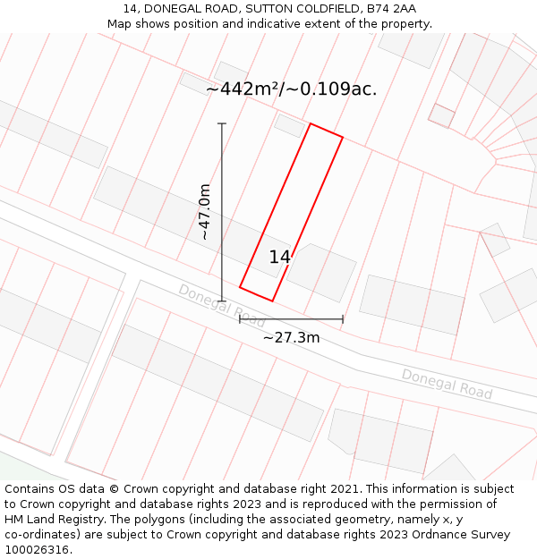 14, DONEGAL ROAD, SUTTON COLDFIELD, B74 2AA: Plot and title map
