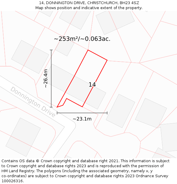14, DONNINGTON DRIVE, CHRISTCHURCH, BH23 4SZ: Plot and title map