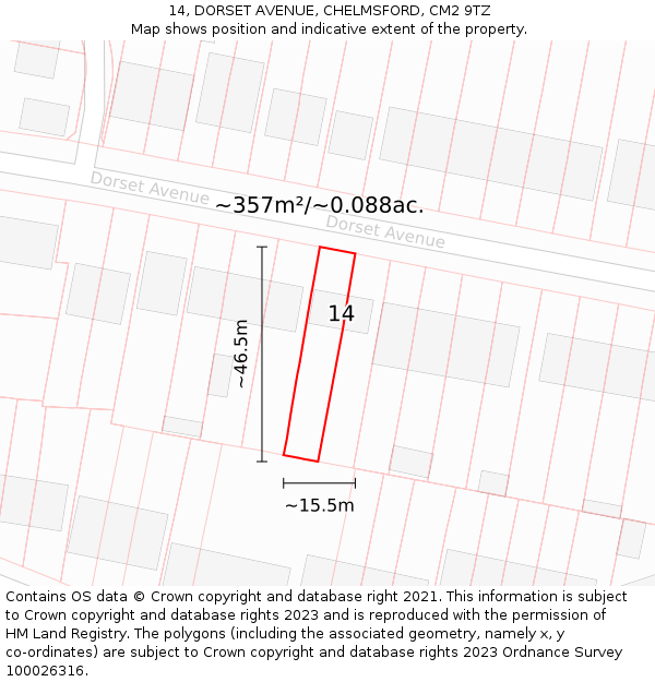 14, DORSET AVENUE, CHELMSFORD, CM2 9TZ: Plot and title map