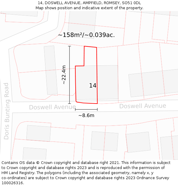 14, DOSWELL AVENUE, AMPFIELD, ROMSEY, SO51 0DL: Plot and title map
