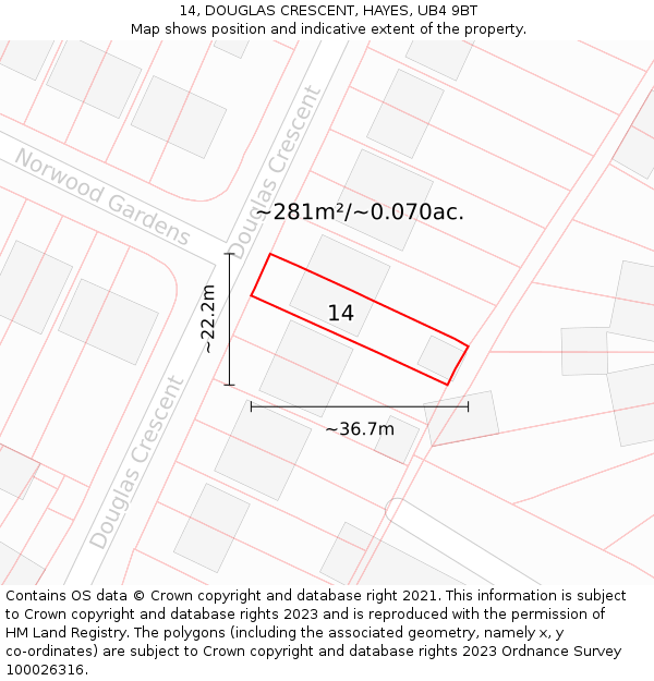 14, DOUGLAS CRESCENT, HAYES, UB4 9BT: Plot and title map