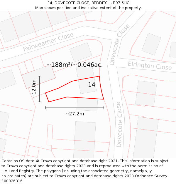 14, DOVECOTE CLOSE, REDDITCH, B97 6HG: Plot and title map