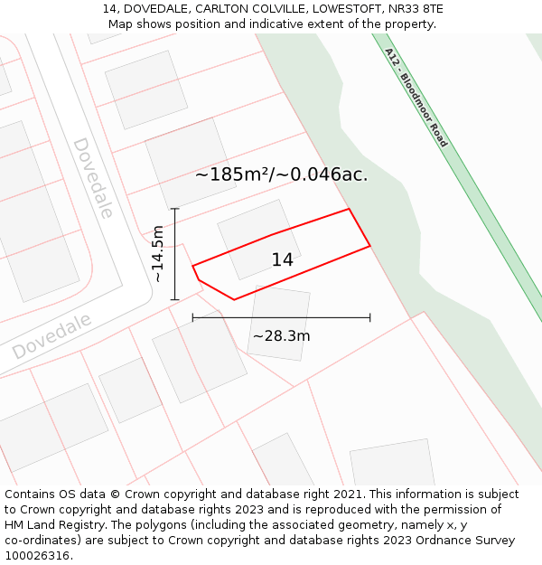 14, DOVEDALE, CARLTON COLVILLE, LOWESTOFT, NR33 8TE: Plot and title map