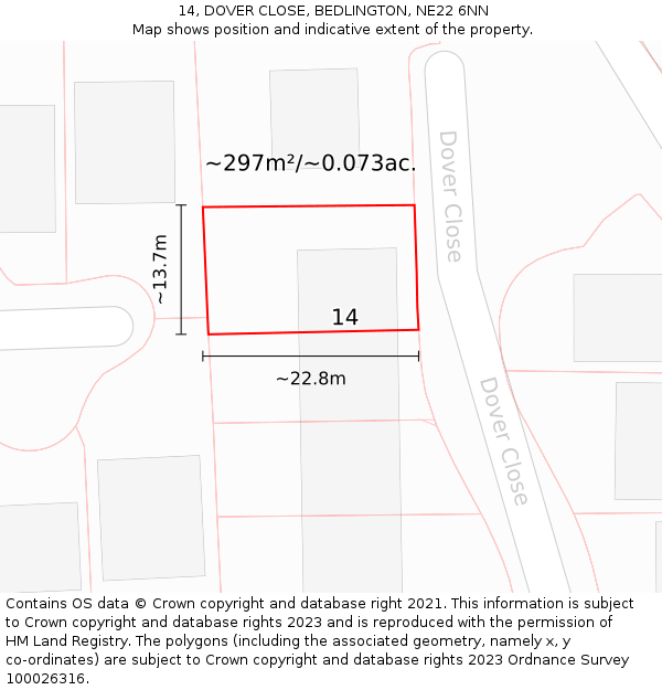 14, DOVER CLOSE, BEDLINGTON, NE22 6NN: Plot and title map