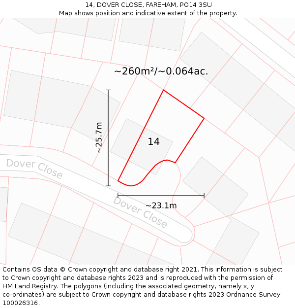 14, DOVER CLOSE, FAREHAM, PO14 3SU: Plot and title map