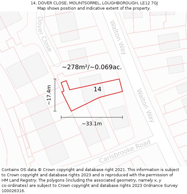 14, DOVER CLOSE, MOUNTSORREL, LOUGHBOROUGH, LE12 7GJ: Plot and title map