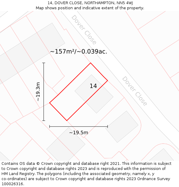 14, DOVER CLOSE, NORTHAMPTON, NN5 4WJ: Plot and title map