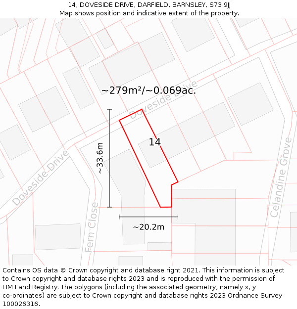 14, DOVESIDE DRIVE, DARFIELD, BARNSLEY, S73 9JJ: Plot and title map