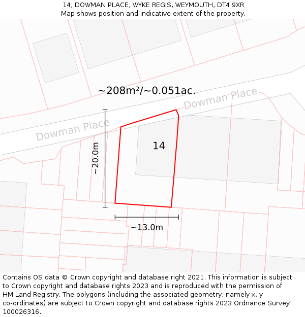 14, DOWMAN PLACE, WYKE REGIS, WEYMOUTH, DT4 9XR: Plot and title map