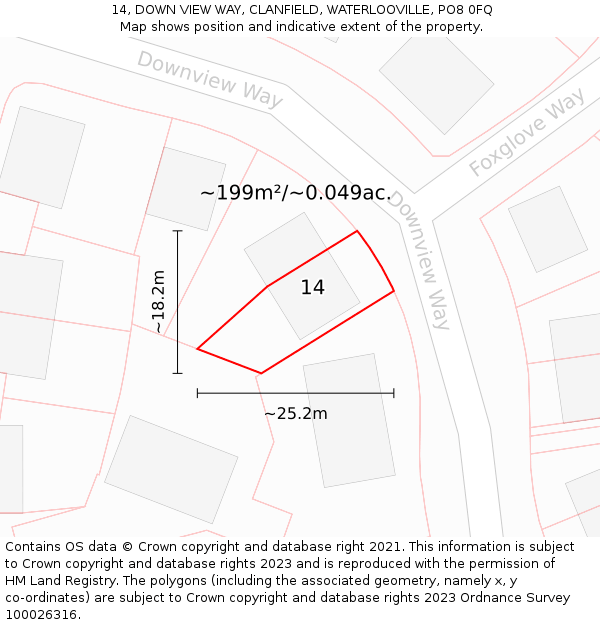 14, DOWN VIEW WAY, CLANFIELD, WATERLOOVILLE, PO8 0FQ: Plot and title map
