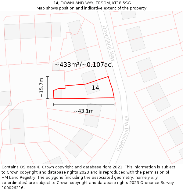 14, DOWNLAND WAY, EPSOM, KT18 5SG: Plot and title map