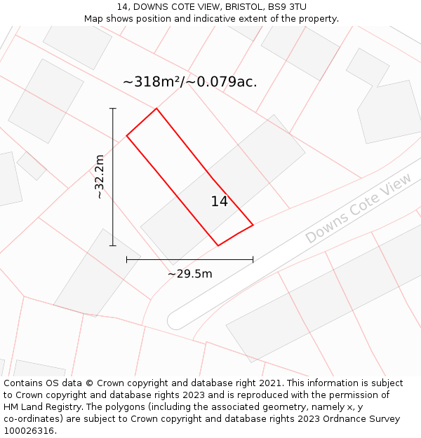 14, DOWNS COTE VIEW, BRISTOL, BS9 3TU: Plot and title map