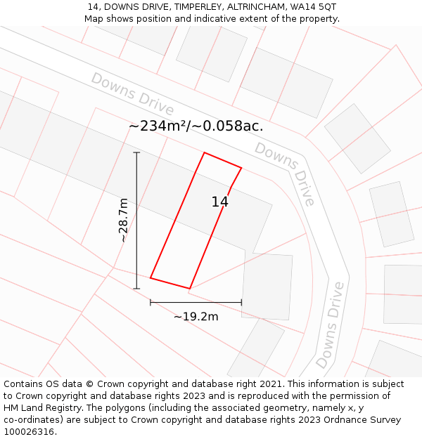 14, DOWNS DRIVE, TIMPERLEY, ALTRINCHAM, WA14 5QT: Plot and title map