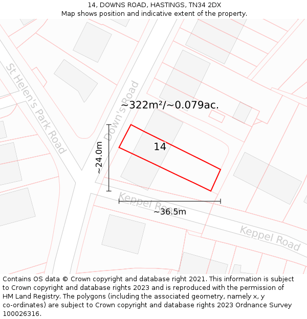 14, DOWNS ROAD, HASTINGS, TN34 2DX: Plot and title map